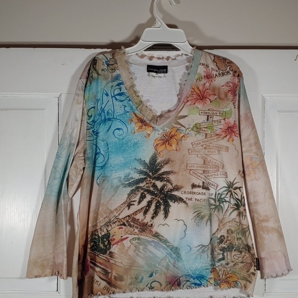 Impulse California Tropical Travel Long Sleeve Pullover Casual Shirt Size XL.